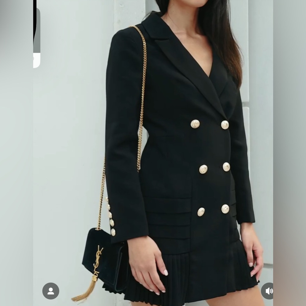Black Blazer Dress Pleated Details Gold Buttons